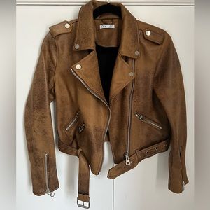 Dex, size small, distressed brown vegan leather jacket